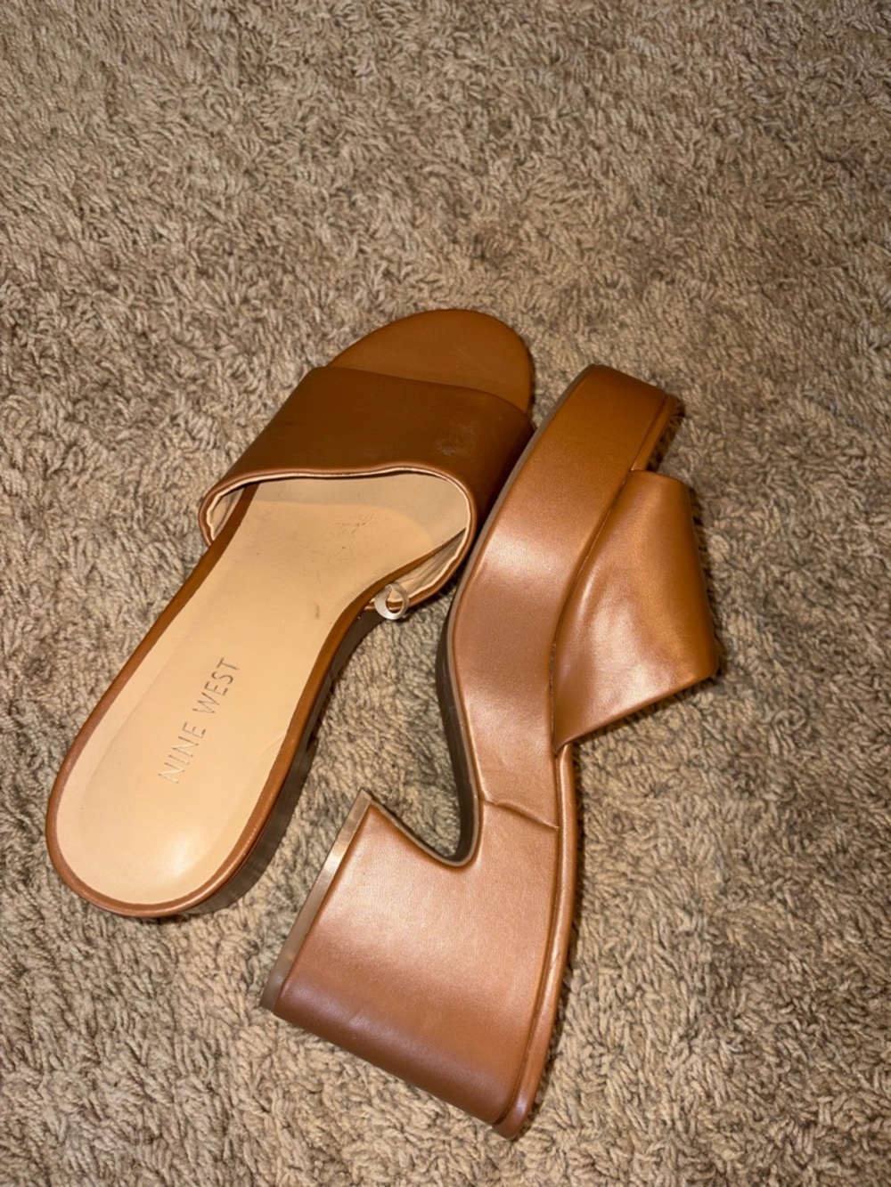 Nine West Tan Leather Slip-On Block Heel Mules